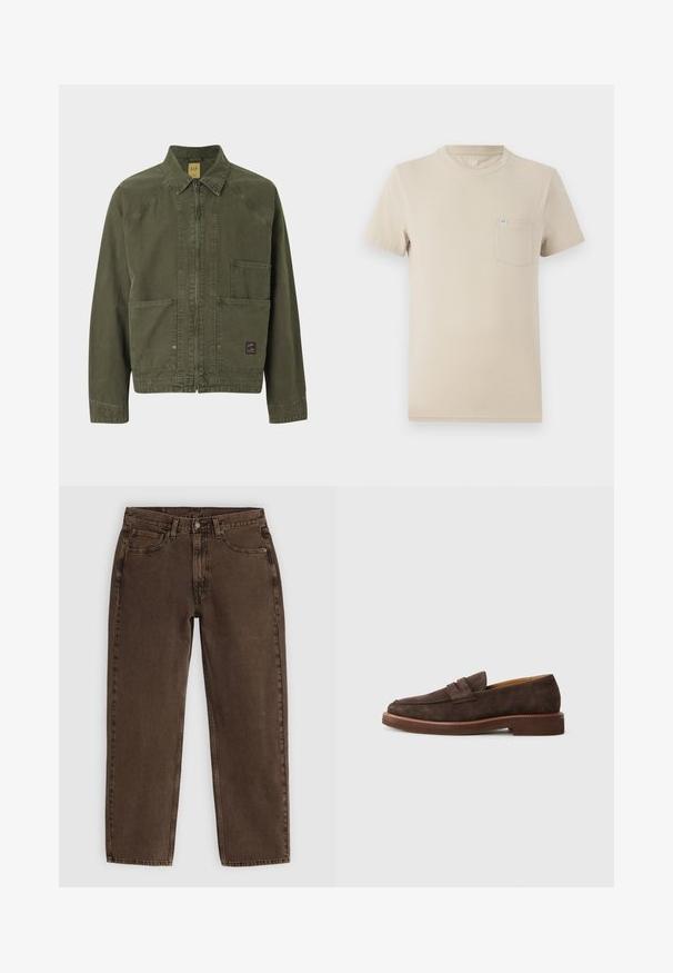 Olivroheline jakk, millel on lukuga eest, terav krae ja kaks eesmist taskut. Valmistatud vastupidavast kangast, millel on nähtavad õmblusdetailid.; Beež lühikeste varrukatega T-särk, mis on valmistatud puuvillast, ümarate kaelustega ja vasakul rinnal taskuga, kus on väike logo silt. Sile tekstuur, juhuslik disain.; Pruunist denimist teksad otse lõikega, viie taskuga, esise nööbclosure'iga ja minimaalsete õmblusdetailidega. Pehme tekstuur ja matte viimistlus.; Tumed pruunid sametist loafers madala tallaga, ümarate varvaste ja ülaosas rihma detailiga, esitatud profiilis helesinise tausta taustal.