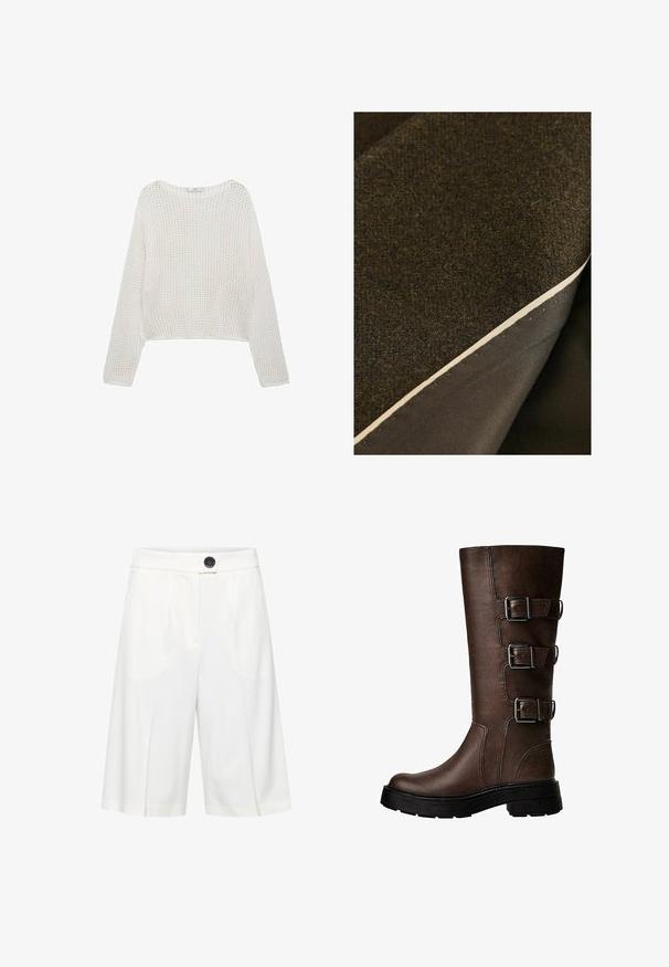 Due strati di tessuto: una lana marrone scuro con trama in cima e un materiale scuro e liscio sotto, con un bordo color crema ben visibile.; Maglione bianco a maniche lunghe in maglia con un motivo textured morbido e un taglio cropped. Collo semplice e dettaglio a costine sull'orlo.; b.young BYRIZETTA - Shorts - off white; Stivale in pelle marrone alto fino al ginocchio con tre fibbie metalliche, superficie testurizzata, punta arrotondata e suola spessa per stabilità.