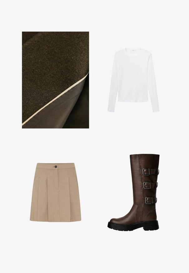 Due strati di tessuto: una lana marrone scuro con trama in cima e un materiale scuro e liscio sotto, con un bordo color crema ben visibile.; Maglietta bianca a maniche lunghe realizzata in tessuto leggero, con scollatura rotonda e vestibilità dritta, senza motivi o dettagli visibili.; Gonna plissettata color khaki realizzata in un tessuto testurizzato, con chiusura frontale a bottoni e tasche laterali, dal taglio dritto e lunghezza sopra il ginocchio.; Stivale in pelle marrone alto fino al ginocchio con tre fibbie metalliche, superficie testurizzata, punta arrotondata e suola spessa per stabilità.