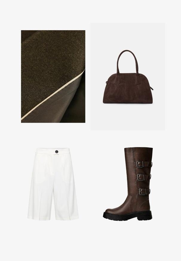 Dve plasti blaga: na vrhu strukturirana temno rjava volna in spodaj gladek temen material, ki ima vidno kremasto rob.; Bela majica s dolgimi rokavi iz lahkega materiala, z okroglo ovratnikom in ravnim krojem, brez vidnih vzorcev ali dodatkov.; b.young BYRIZETTA - Kratke hlače - off white; Rjavi usnjeni škornji do kolen s tremi kovinskimi zaponkami, teksturirana površina, okrogla kapica in robusten podplat za stabilnost.; Rjava suknjena torba za čez ramo zaobljene oblike, z dvema ročajema in subtilnimi šivi. Ima zadrgo na stranski žep za dodatno funkcionalnost.