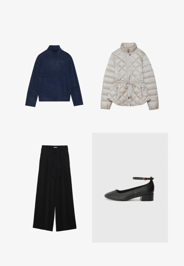 Jachetă bej căptușită cu fermoar pe față, cusături în diamant, guler înalt, cordon ajustabil în talie și buzunare laterale cu fermoar pentru funcționalitate.; Pulover cu guler înalt de culoare bleu marin, cu detalii reliefate la guler și manșete, realizat dintr-un material tricotat moale și texturat, având o siluetă lejeră.; Pantaloni largi negri dintr-un material texturat, cu un tiv elastic și o panglică detașabilă la talie pentru un fit ajustabil.; Pantof cu toc negru din piele, cu vârf ascuțit și toc mic pătrat. Dispune de o curea la gleznă cu o cataramă în tonuri de aur. Textură netedă.