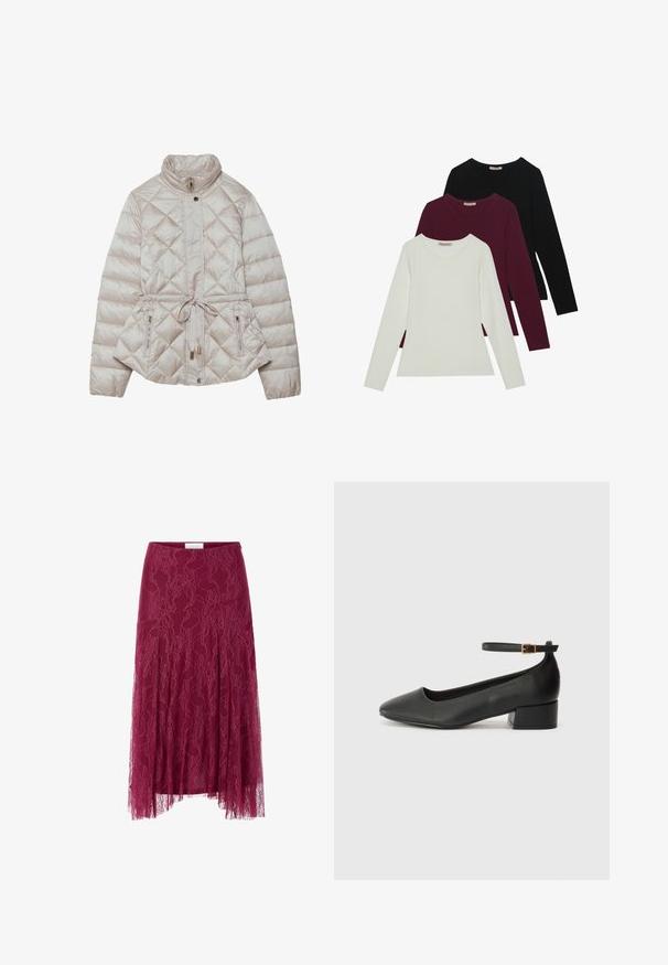 Padded beige jacket with a zippered front, diamond quilting, high collar, adjustable waist tie, and side zip pockets for functionality.; Long-sleeve t-shirts in white, burgundy, and black. Made of soft fabric with a round neckline and fitted design. Suitable for layering.; Burgundy lace skirt with floral pattern, sheer fabric overlay, and pleated design. Features a fitted waistband and a flowing silhouette.; Black leather pump with a pointed toe and a low block heel. Features an ankle strap with a gold-tone buckle. Smooth texture.