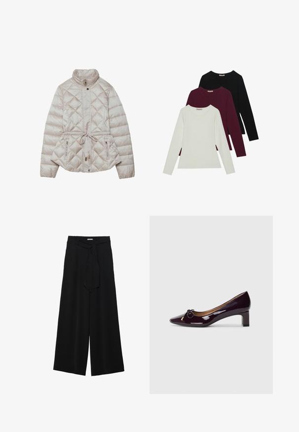 Párnázott bézs dzseki cipzáras elülső résszel, gyémánt formájú steppeléssel, magas gallérral, állítható derékpánttal és funkcionális oldalsó cipzáras zsebekkel.; Hosszú ujjú pólók fehér, burgundi és fekete színben. Puha anyagból készült, kerek nyakú és testhez simuló fazonú. Réteges öltözködéshez is alkalmas.; Fekete, bő szárú nadrág, texturált anyagból, rugalmas derékpánttal és levehető sállal a derekán, amely állítható illeszkedést biztosít.; Lakkbőr, fényes bordó pumpa sarok, hegyes orral, masni díszítéssel és tömbsarkas kialakítással.