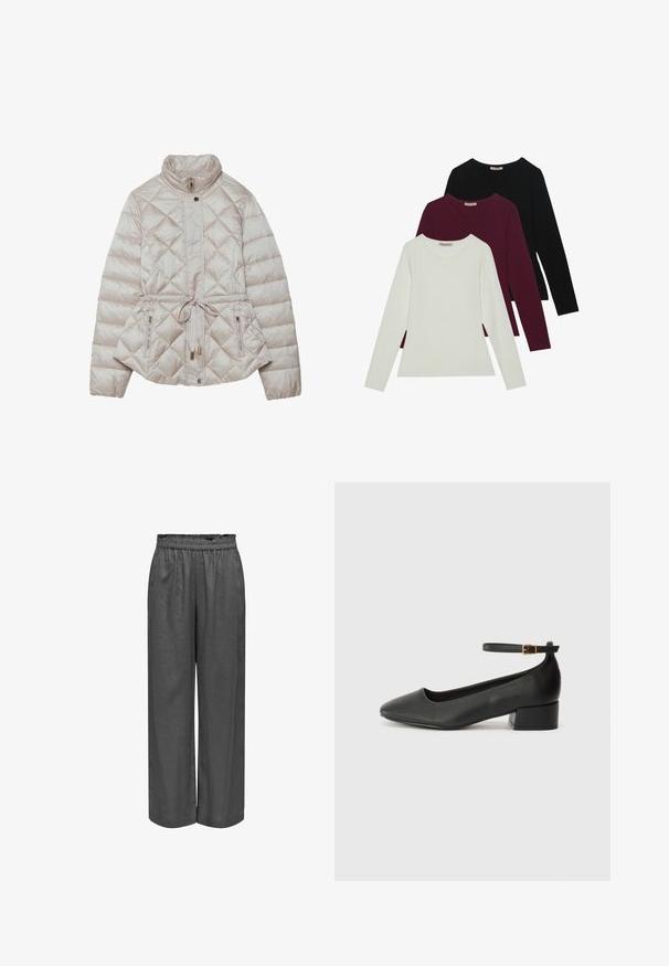 Vadderad beige jacka med dragkedja fram, diamantkviltning, hög krage, justerbart midjeband och sidofickor med dragkedja för funktionalitet.; Långärmade t-shirts i vitt, vinrött och svart. Tillverkade av mjukt tyg med rund halsringning och figurnära design. Lämpliga för lager-på-lager.; Grå, vida byxor i mjukt tyg med resårmidja. Har en lös passform och en slät yta.; Svart läderpump med spetsig tå och en låg klack. Har en ankelsnodd med en guldtonad spänne. Slät textur.