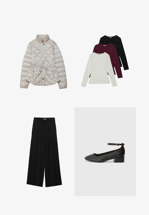 Padded beige jacket with a zippered front, diamond quilting, high collar, adjustable waist tie, and side zip pockets for functionality.; Long-sleeve t-shirts in white, burgundy, and black. Made of soft fabric with a round neckline and fitted design. Suitable for layering.; Black wide-leg pants featuring a textured fabric, an elastic waistband, and a detachable sash tie at the waist for adjustable fit.; Black leather pump with a pointed toe and a low block heel. Features an ankle strap with a gold-tone buckle. Smooth texture.