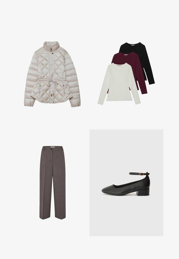 Veste beige matelassée avec un zip à l'avant, un quilting en diamant, un col haut, un lien de taille ajustable et des poches zippées sur les côtés pour plus de fonctionnalité.; T-shirts à manches longues en blanc, bordeaux et noir. Fabriqués en tissu doux avec un col rond et un design ajusté. Idéaux pour le superposition.; Pantalons marron taille haute à jambes larges, avec des plis avant, passants de ceinture, fermeture à bouton et une texture de tissu lisse.; Escarpin en cuir noir avec un bout pointu et un petit talon bloc. Doté d'une bride de cheville avec une boucle dorée. Texture lisse.