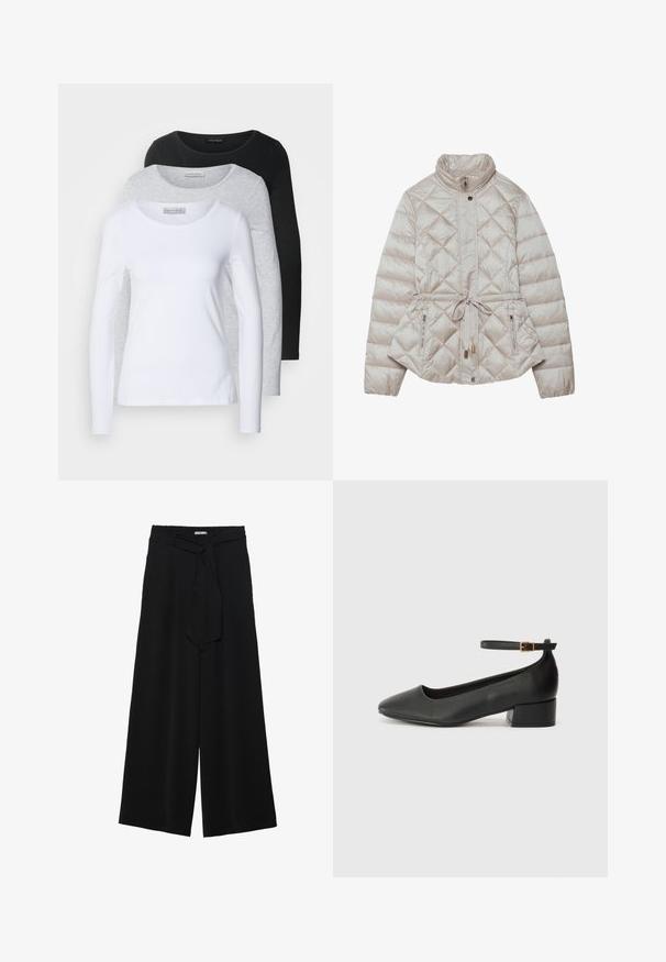 Polstret beige jakke med lynlås foran, diamant-quiltning, høj krave, justerbar taljebånd og sidelommer med lynlås for funktionalitet.; Tre langærmede t-shirts i hvid, grå og sort; rund halsudskæring; glat stof; mærkater synlige på den grå t-shirt til brandidentifikation.; Sorte vide bukser i en tekstureret stofkvalitet, med elastisk talje og et aftageligt bånd i taljen for justerbar pasform.; Sorte læderpumper med spids tå og en lav blokhæl. Har en ankelrem med en guldfarvet spænde. Glat tekstur.