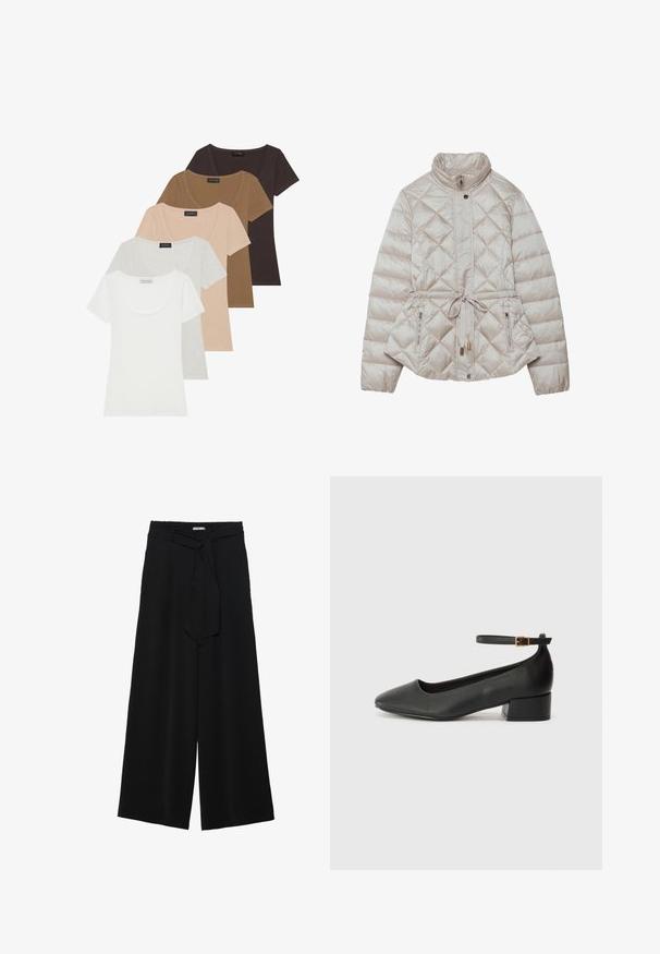 Beige takki pehmustettuna, jossa on vetoketjukiinnitys, timantt quilting, korkea kaulus, säädettävä vyötärönauha ja sivuvetoketjulliset taskut toiminnallisuutta varten.; Setti viisi lyhythihaista t-paitaa eri väreissä: valkoinen, vaaleanharmaa, beige, ruskea ja tummanruskea. Jokaisessa on kaareva pääntie.; Mustat leveät housut, joissa on teksturoitu kangas, joustava vyötärö ja irrotettava nauha vyötäröllä säädettävää istuvuutta varten.; Mustat nahkakengät, joissa on terävä kärki ja matala lohkare korko. Varustettu nilkkahihnalla, jossa on kultasävyinen solki. Lisää sileä pinta.