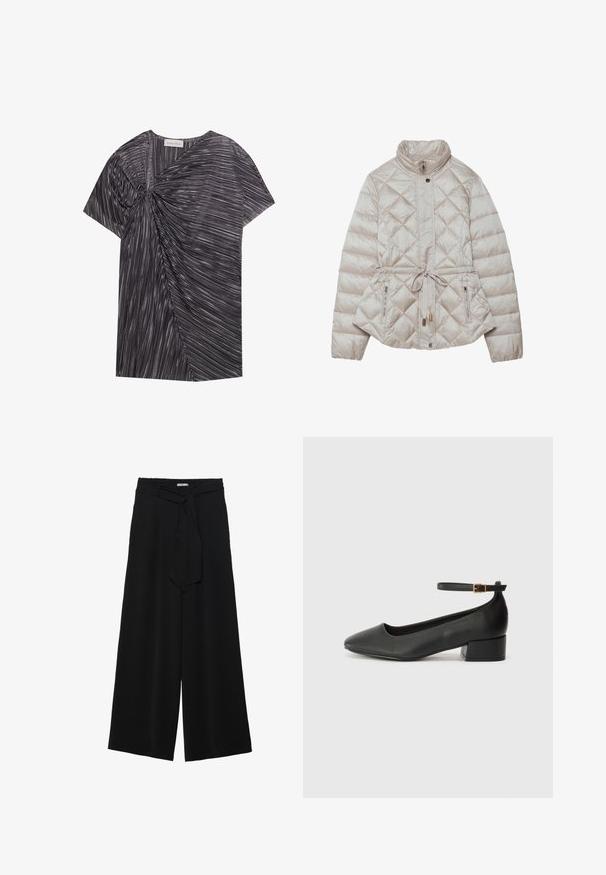 Padded beige jacket with a zippered front, diamond quilting, high collar, adjustable waist tie, and side zip pockets for functionality.; Short-sleeved, black and white top with a textured, asymmetrical design featuring pleating and a twisted front detail.; Black wide-leg pants featuring a textured fabric, an elastic waistband, and a detachable sash tie at the waist for adjustable fit.; Black leather pump with a pointed toe and a low block heel. Features an ankle strap with a gold-tone buckle. Smooth texture.