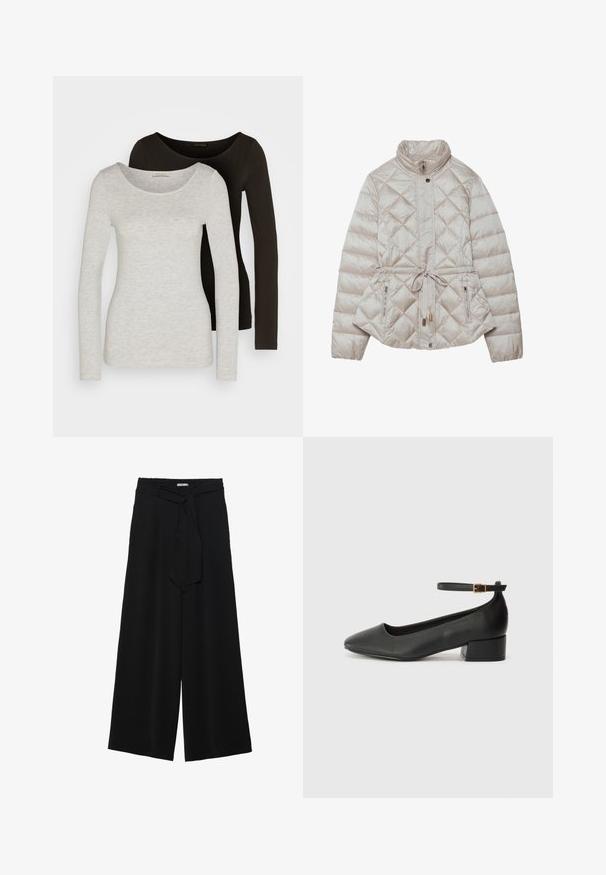 Beige gewatteerde jas met een rits aan de voorkant, ruitpatroon, hoge kraag, verstelbare tailleband en zijzakken met rits voor functionaliteit.; Twee langemouw tops, één grijs en één zwart, met een ronde halslijn. De stof lijkt zacht met een gladde textuur en minimale details.; Zwarte wijde broek van textuurstof, met een elastische tailleband en een afneembare sjaalstrik in de taille voor een verstelbare pasvorm.; Zwarte leren pump met een spitse neus en een lage blokhak. Beschikt over een enkelband met een goudkleurige gespsluiting. Gladde textuur.