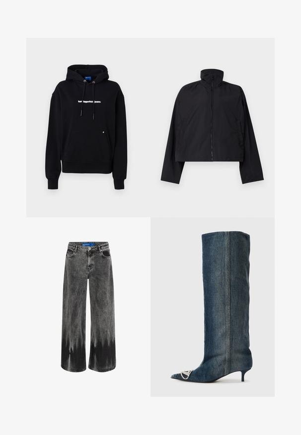 Čierna skrátená bunda s vysokým golierom, plným zipsom na prednej strane a dlhými rukávmi s bočnými vreckami. Vyrobená z ľahkej, hladkej tkaniny.; Čierna mikina s kapucňou vyrobená z bavlny. Má predné klokanie vrecko, šnúrky a biely textový logotyp na hrudi. Mäkká textúra a voľný strih.; Džínsy s širokými nohavicami v vyblednutej čiernej denim, s efektom dip-dye, oceľovými kovania a klasickým dizajnom piatich vreciek so štandardným pásom.; Džínsová čižma po kolená so špicatou špičkou, striebornými kovovými doplnkami, úzkym podpätkom typu "kitten heel" a hladkým, textúrovaným povrchom.