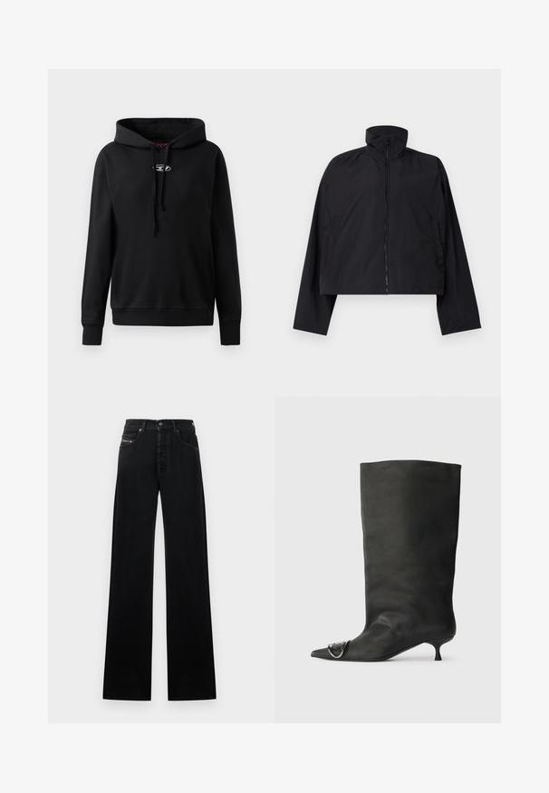 Black cropped jacket featuring a high collar, full front zipper, and long sleeves with side pockets. Made from lightweight, smooth fabric.; Black hoodie made of soft fabric. Features a front kangaroo pocket, adjustable drawstring hood, and a silver logo on the chest.; Black wide-leg jeans made of denim, featuring a front button closure, five pockets, and a small logo patch on the waistband.; Black leather ankle boot with a pointed toe, small heel, and metallic accent detail on the toe. Smooth, matte texture throughout.