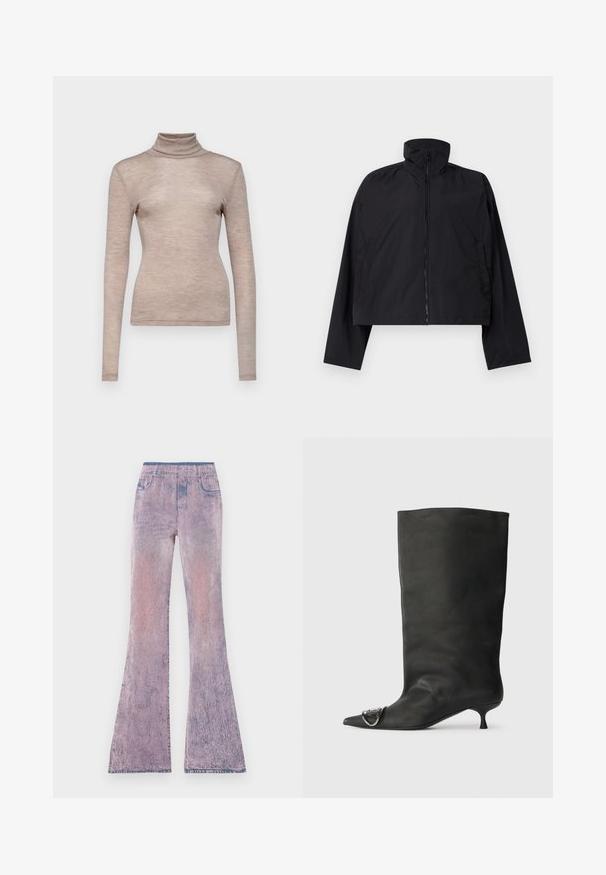 Black cropped jacket featuring a high collar, full front zipper, and long sleeves with side pockets. Made from lightweight, smooth fabric.; Long-sleeve turtleneck top in soft, light beige fabric. Fitted design with a smooth texture and a high collar.; Flared jeans in a gradient of pastel pink to purple with a faded texture. Features an elastic waistband and five-pocket design.; Black leather ankle boot with a pointed toe, small heel, and metallic accent detail on the toe. Smooth, matte texture throughout.
