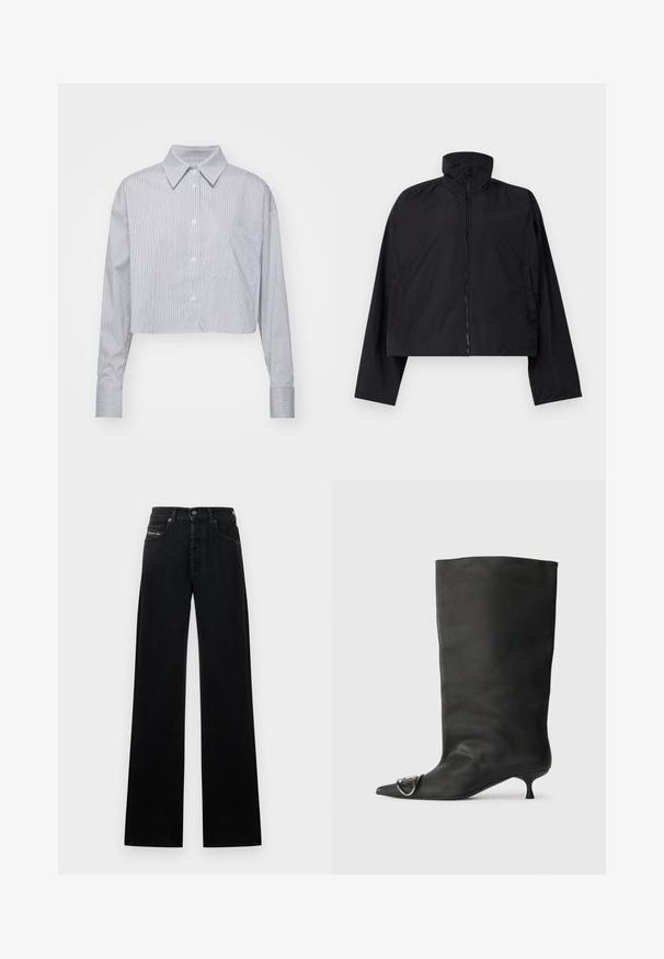Fekete, rövidített dzseki magas gallérral, teljes hosszúságú cipzárral és hosszú ujjakkal, oldalsó zsebekkel. Könnyű, sima anyagból készült.; Kék és fehér csíkozott, cropped gombos ing, klasszikus gallérral, hosszú ujjal és egyetlen mellzsebbel. Sima szövettextúra.; Fekete, széles szárú farmernadrág, gombos elülső záródással, öt zsebbel és egy kis logófolttal a derékrészen.; Fekete bőr bokacsizma hegyes orral, kis sarokkal és fémes díszítéssel az orrán. Az egész felületen sima, matt textúra.