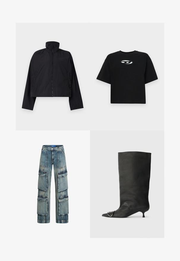 Čierna skrátená bunda s vysokým golierom, plným zipsom na prednej strane a dlhými rukávmi s bočnými vreckami. Vyrobená z ľahkej, hladkej tkaniny.; Čierne bavlnené tričko s krojovaným dizajnom, krátkymi rukávmi a okrúhlym výstrihom. Na hrudi sa nachádza kontrastné oválne logo.; Modré džínsy cargo s voľným strihom, ktoré obsahujú množstvo veľkých vreciek, zips na prednej strane a mierne ošúchaný vzhľad pre vintage štýl.; Čierna kožená členková topánka s špicatou špičkou, malým podpätkom a kovovým akcentom na špičke. Hladká, matná textúra po celom povrchu.