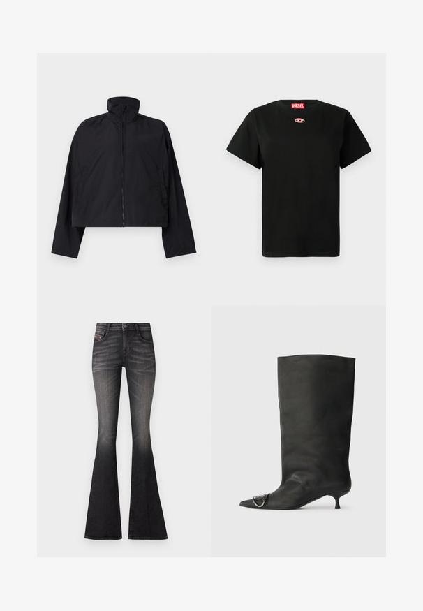 Black cropped jacket featuring a high collar, full front zipper, and long sleeves with side pockets. Made from lightweight, smooth fabric.; Black short-sleeve Diesel t-shirt with a small pink logo on the chest and a red Diesel label inside the collar.; Black flared jeans with a faded wash, five-pocket design, and metallic button closure. Fabric shows a slight stretch for comfort.; Black leather ankle boot with a pointed toe, small heel, and metallic accent detail on the toe. Smooth, matte texture throughout.