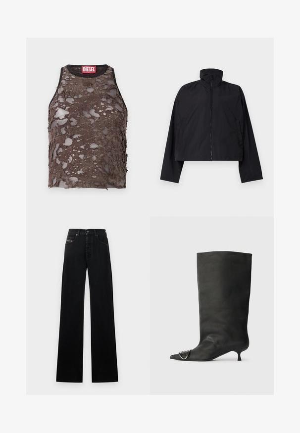 Black cropped jacket featuring a high collar, full front zipper, and long sleeves with side pockets. Made from lightweight, smooth fabric.; Brown sleeveless top with a distressed, perforated texture, featuring a black neckline and a red Diesel brand label at the collar.; Black wide-leg jeans made of denim, featuring a front button closure, five pockets, and a small logo patch on the waistband.; Black leather ankle boot with a pointed toe, small heel, and metallic accent detail on the toe. Smooth, matte texture throughout.