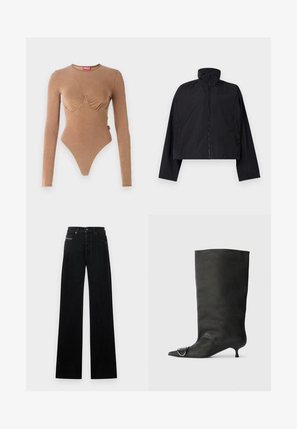 Juodas trumpas švarkas su aukštu apykakle, pilnu priekiu užtrauktuku ir ilgomis rankovėmis, turintis šonines kišenes. Pagamintas iš lengvos, lygios medžiagos.; Rudas ilgomis rankovėmis bodis su apvali iškirpte ir sugėrimo krūtine. Pagamintas iš lygaus audinio, turi thong tipo apatinę dalį ir mažą logotipo etiketę.; Įvairaus pločio juodi džinsai iš džinso audinio, su priekiniais mygtukais, penkiomis kišenėmis ir mažu logotipo lopeliu ant liemens.; Juodas odinis kulkšninis batas su smailiu pirštu, maža pakulne ir metaline akcentu ant piršto. Lygus, matinio paviršiaus tekstūra visame batus.