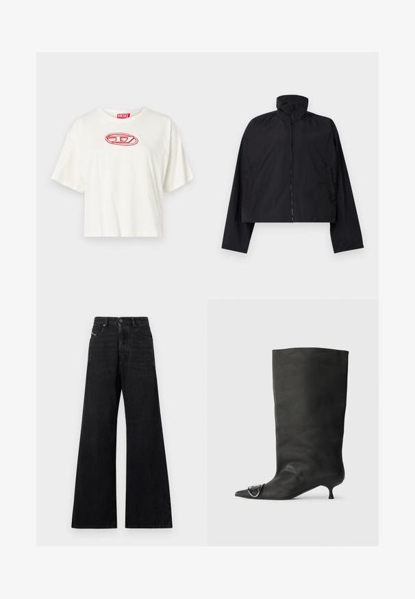 Schwarze, kurze Jacke mit hohem Kragen, vollem Front-Reißverschluss und langen Ärmeln mit Seitentaschen. Hergestellt aus leichtem, glattem Material.; Weiße, kurz geschnittene T-Shirt aus Baumwolle mit rundem Ausschnitt und kurzen Ärmeln. Rotes, gesticktes Logo in der Mitte der Brust.; Schwarze Jeans mit weitem Bein aus Denim, gefertigt mit hoher Taille, Fünf-Taschen-Design und subtilen Zierstichen auf der Vorderseite.; Schwarze Leder-Ankle Boots mit spitzem Zehenbereich, kleinem Absatz und metallischen Akzenten an der Spitze. Sanfte, matte Textur im gesamten Schuh.