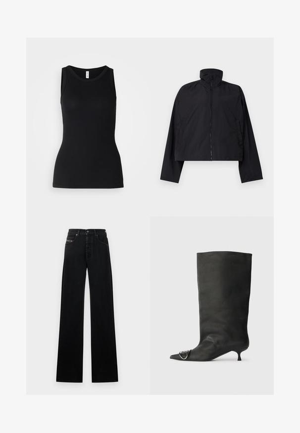 Schwarze, kurze Jacke mit hohem Kragen, vollem Front-Reißverschluss und langen Ärmeln mit Seitentaschen. Hergestellt aus leichtem, glattem Material.; Schwarzes ärmelloses Tanktop aus geripptem Stoff, mit rundem Ausschnitt und figurbetontem Design, glatter Textur und ohne Muster.; Schwarze Jeans mit weitem Bein aus Denim, mit einem vorderen Knopfverschluss, fünf Taschen und einem kleinen Logopatch am Bund.; Schwarze Leder-Ankle Boots mit spitzem Zehenbereich, kleinem Absatz und metallischen Akzenten an der Spitze. Sanfte, matte Textur im gesamten Schuh.