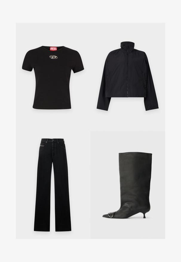 Černá zkrácená bunda s vysokým límcem, plným předním zipem a dlouhými rukávy se bočními kapsami. Vyrobena z lehké, hladké tkaniny.; Černé triko s krátkým rukávem vyrobené z bavlny, se zaobleným výstřihem a kovovým oválným logem na přední straně.; Černé džíny s širokými nohavicemi z denimu, s předním zapínáním na knoflíky, pěti kapsami a malou logovou nášivkou na pasu.; Černá kožená kotníková bota s špičatou špičkou, malým podpatkem a kovovým akcentem na špičce. Hladký, matný povrch po celém obvodu.
