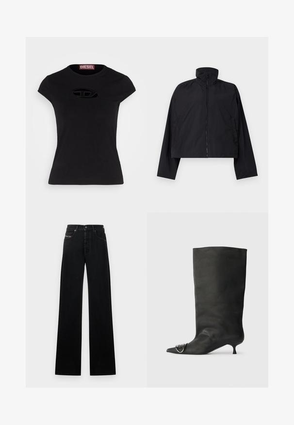 Jachetă scurtă neagră cu guler înalt, fermoar pe întreaga lungime a frontului și mâneci lungi cu buzunare laterale. Fabricată dintr-un material ușor și fin.; Tricou negru cu mânecă scurtă, cu un design ajustat, având un logo Diesel texturat în formă ovală pe față.; Blugi negri cu picioare largi, din denim, cu închidere frontală cu nasturi, cinci buzunare și o mică etichetă cu logo pe talie.; Botină neagră din piele cu vârf ascuțit, toc mic și detaliu metalic pe vârf. Textură netedă, mată pe întreaga suprafață.