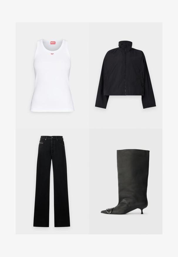 Schwarze, kurze Jacke mit hohem Kragen, vollem Front-Reißverschluss und langen Ärmeln mit Seitentaschen. Hergestellt aus leichtem, glattem Material.; Weißes Tanktop aus Baumwolle mit rundem Halsausschnitt, schmaler Passform und kleinem roten Diesel-Logo auf der Brust. Glatte Textur.; Schwarze Jeans mit weitem Bein aus Denim, mit einem vorderen Knopfverschluss, fünf Taschen und einem kleinen Logopatch am Bund.; Schwarze Leder-Ankle Boots mit spitzem Zehenbereich, kleinem Absatz und metallischen Akzenten an der Spitze. Sanfte, matte Textur im gesamten Schuh.