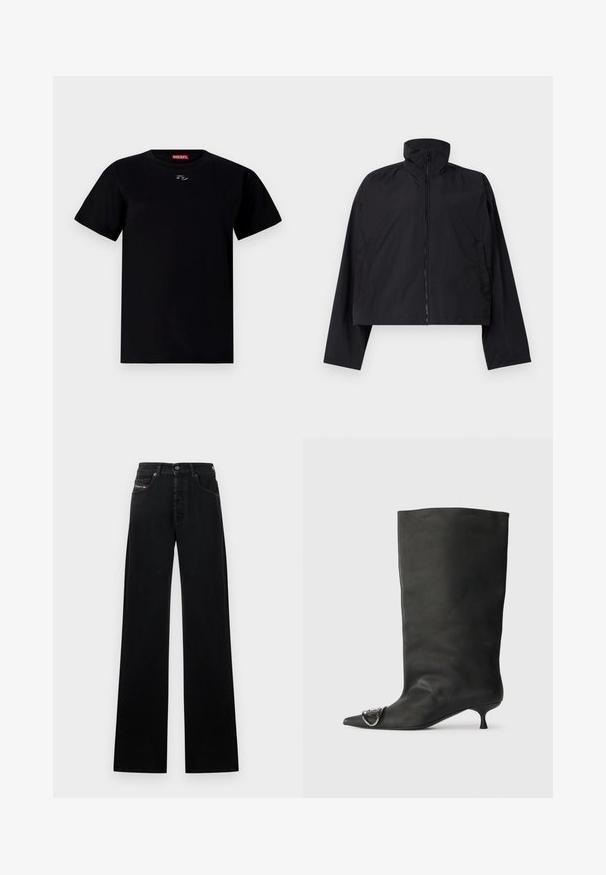 Melna īsā jaka ar augstu apkakli, pilnu priekšējo rāvējslēdzēju un garām piedurknēm, izveidota ar sānu kabatām. Made from lightweight, smooth fabric.; Melna kokvilnas T-kreklu ar apaļu kaklu, īsām piedurknēm un mazu emblēmu krūšu centrā. Mīksta tekstūra un parasta piegriezuma.; Melni plataji džinsa bikses ar priekšpuses pogu aizdari, piecām kabatām un nelielu logotipa plāksteri jostasvietā.; Melnas ādas potīšu zābaki ar smailu purngalu, mazu papēdi un metāla akcentu uz purngala. Gluda, matēta virsma visā zābaku garumā.