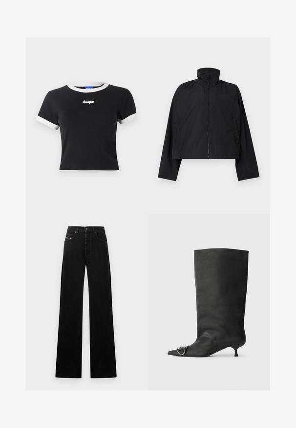 Jachetă scurtă neagră cu guler înalt, fermoar pe întreaga lungime a frontului și mâneci lungi cu buzunare laterale. Fabricată dintr-un material ușor și fin.; Tricou negru cu mânecă scurtă, cu guler și accente albe pe mâneci. Prezintă un logo negru pe piept. Fabricat dintr-un material neted.; Blugi negri cu picioare largi, din denim, cu închidere frontală cu nasturi, cinci buzunare și o mică etichetă cu logo pe talie.; Botină neagră din piele cu vârf ascuțit, toc mic și detaliu metalic pe vârf. Textură netedă, mată pe întreaga suprafață.
