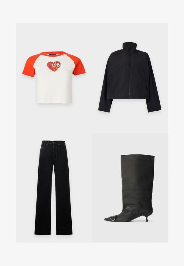 Čierna skrátená bunda s vysokým golierom, plným zipsom na prednej strane a dlhými rukávmi s bočnými vreckami. Vyrobená z ľahkej, hladkej tkaniny.; Tričko s krátkymi rukávmi, skrátené, s červenými raglánovými rukávmi. Obsahuje farebnú grafiku jelena s mašľou na bielom pozadí.; Čierne džíny s širokými nohavicami z denimu, s predným zapínaním na gombíky, piatimi vreckami a malou logo nášivkou na páse.; Čierna kožená členková topánka s špicatou špičkou, malým podpätkom a kovovým akcentom na špičke. Hladká, matná textúra po celom povrchu.