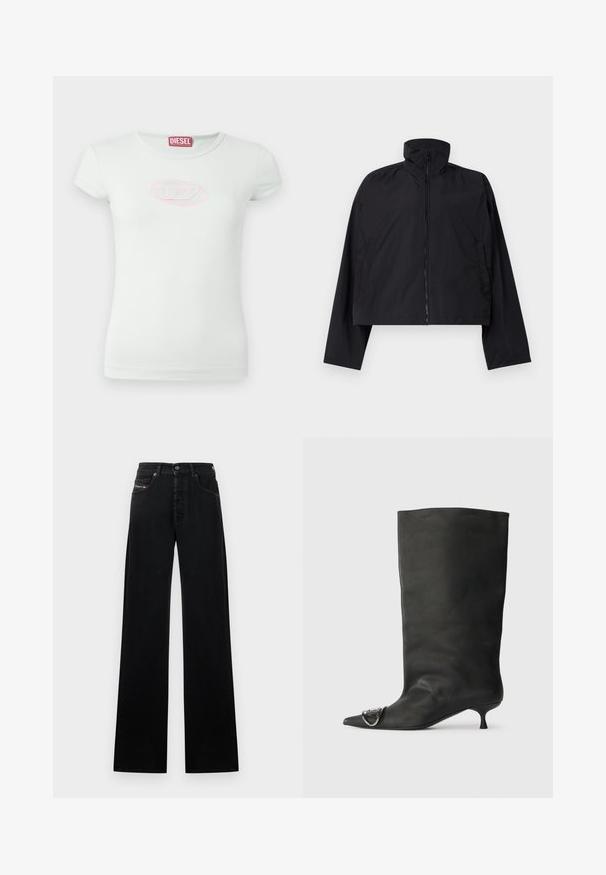 Black cropped jacket featuring a high collar, full front zipper, and long sleeves with side pockets. Made from lightweight, smooth fabric.; Light green short-sleeve T-shirt made of soft cotton; features a pink embroidered oval logo at the chest; round neckline.; Black wide-leg jeans made of denim, featuring a front button closure, five pockets, and a small logo patch on the waistband.; Black leather ankle boot with a pointed toe, small heel, and metallic accent detail on the toe. Smooth, matte texture throughout.