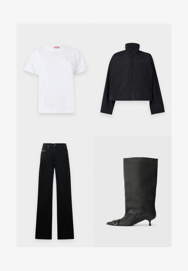 Black cropped jacket featuring a high collar, full front zipper, and long sleeves with side pockets. Made from lightweight, smooth fabric.; White cotton t-shirt with short sleeves, crew neck, and a small logo on the chest. Simple design, smooth texture, and straight hem.; Black wide-leg jeans made of denim, featuring a front button closure, five pockets, and a small logo patch on the waistband.; Black leather ankle boot with a pointed toe, small heel, and metallic accent detail on the toe. Smooth, matte texture throughout.