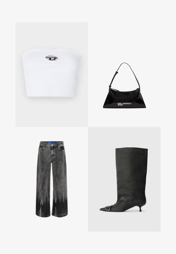 Must musta jakk, millel on kõrge krae, täiskäpp, pikad varrukad ja küljetaskud. Valmistatud kergest, siledast kangast.; Valge ribatud bandeau ülaosa, mille keskosas on musta äärisega ja hõbedaste detailidega embleem. Sile tekstuur, minimalistik disain.; Laiene jalad, fookuses tuhm must denimm, millel on dip-dye efekt, terasest detailid ja klassikaline viie tasku disain koos standaardse vöökohaga.; Must musta põlve kõrgune saapakäik terava nina, väike konts ja metallist aktsentdetail nina peal. Ühtlane, matt tekstuur kogu ulatuses.; Must mustril nahkainest käekott kolmnurkse kujuga, millel on ülemine tõmblukk ja reguleeritav rihm. Hõbedane logo "KARL LAGERFELD JEANS".