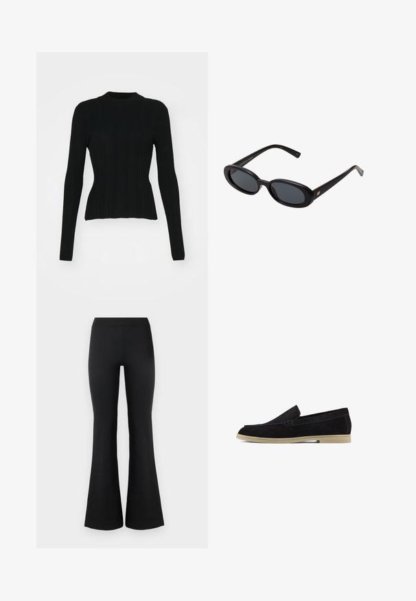 Langer grauer Wollmantel mit einem Kragen aus Kunstfell, vier Knöpfen und zwei Seitentaschen. Der Stoff hat eine glatte Textur.; Schwarzer gerippter Pullover mit langen Ärmeln, hohem Kragen und taillierter Silhouette. Das Material scheint dehnbar und hat vertikale Streifen. Kürzere Schnittführung am Saum.; Schwarze ausgestellte Hosen aus einem glatten, dehnbaren Stoff. Mit einem hohen Bund und ausgestellten Säumen für eine figurschmeichelnde Passform. Einfaches Design.; Schwarze Wildleder Slipper mit einer flachen beigen Sohle, mit gesticktem Design und einem eleganten Slip-On-Stil, geeignet für die Freizeit.; Schwarze, oversized Sonnenbrillen mit ovalen Gläsern, glattem Kunststoffrahmen und goldenen Akzenten an den Bügeln. Die dunklen Gläser bieten Sonnenschutz.; Schwarze patentierte Leder-Schultertasche mit geschwungener Form, ausgestattet mit einem silbernen Dreieckslogo und einem Reißverschluss. Glatte Textur und schmaler Riemen.