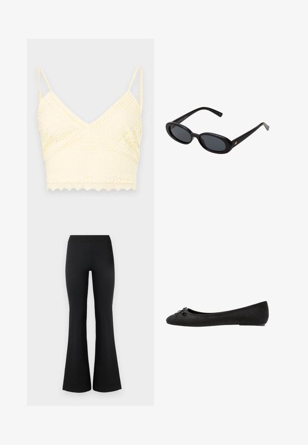 Palton lung din lână gri, cu guler din blană sintetică, patru nasturi și două buzunare laterale. Tesătura are o textură netedă.; Bralet galben din dantelă cu un design în formă de V, bretele ajustabile, modele texturate și un tiv ondulat.; Pantaloni negri evazați, confecționați dintr-un material neted și elastic. Au un talie înaltă și margini evazate pentru un aspect ajustat. Design simplu.; Balerini din suede negru, cu vârf rotund, având o fundiță decorativă în față și un design cu talpă plată. Textură netedă și formă clasică.; Ochelari de soare supradimensionați, cu lentile ovale, cadru din plastic neted și accente aurii pe brațe. Lentilele întunecate oferă protecție solară.; Geantă de umăr din piele patent neagră, cu o formă curbată, având un logo triangular argintiu și închidere cu fermoar. Textură netedă și curea subțire.