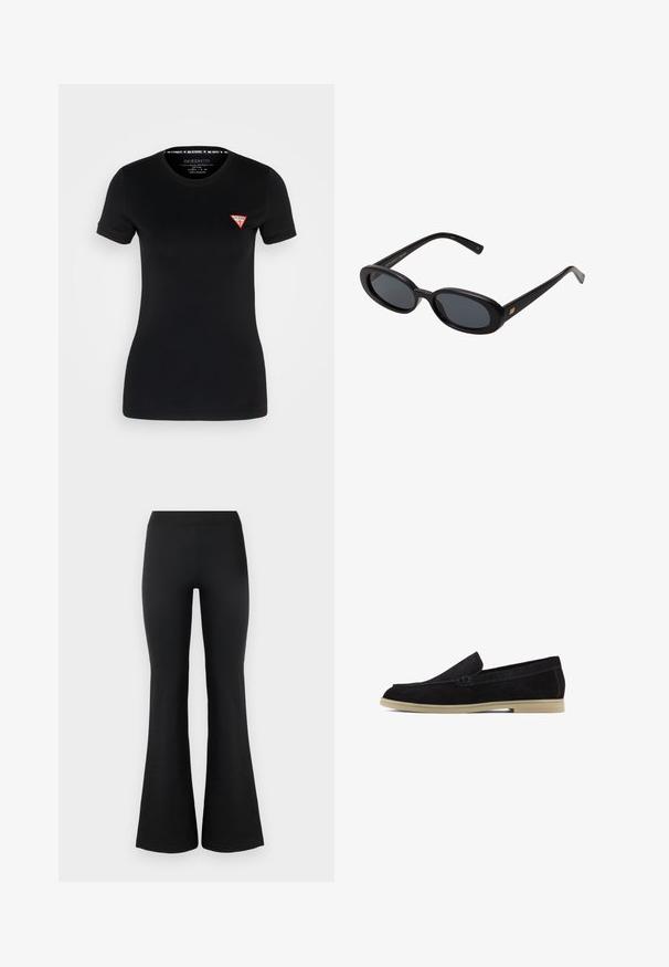 Long gray wool coat with a faux fur collar, four buttons, and two side pockets. The fabric has a smooth texture.; Black short-sleeve t-shirt made from cotton, featuring a small red triangular logo on the left chest area and a standard crew neckline.; Black flared pants made of a smooth, stretchy fabric. Features a high waistband and flared hemlines for a fitted look. Simple design.; Black suede loafers with a flat beige sole, featuring a stitched design and a sleek slip-on style, suitable for casual wear.; Black oversized sunglasses with oval lenses, smooth plastic frame, and gold accents on temple. Dark lenses provide sun protection.; Black patent leather shoulder bag with a curved shape, featuring a silver triangle logo and a zipper closure. Smooth texture and slim strap.