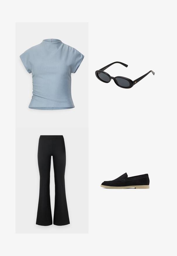 Cappotto lungo in lana grigia con colletto in pelliccia sintetica, quattro bottoni e due tasche laterali. Il tessuto ha una consistenza liscia.; Top azzurro chiaro a maniche corte con colletto alto, design aderente, dettagli arricciati sulle spalle e zip nascosta sul retro.; Pantaloni neri a vita alta in un tessuto liscio e elasticizzato. Presentano una vita alta e orli svasati per un look aderente. Design semplice.; Mocassini in suede neri con suola piatta beige, caratterizzati da un design cucito e uno stile versatile da indossare facilmente, adatti per l'abbigliamento casual.; Occhiali da sole neri oversize con lenti ovali, montatura in plastica liscia e accenti dorati sulle tempie. Le lenti scure offrono protezione dal sole.; Borsa a spalla in pelle verniciata nera con forma curva, dotata di logo triangolare in argento e chiusura con zip. Texture liscia e tracolla sottile.