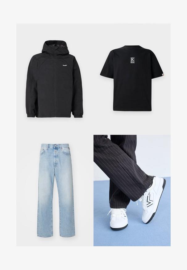 Juodas vandeniui atsparus džemperis su kapišonu, užtrauktuku, elastinėmis rankovėmis ir liekna forma; ant kairės krūtinės turi subtilų logotipą.; Juodas medvilninis marškinėlis su apvalia kaklo iškirpte, trumpomis rankovėmis ir mažu baltu logotipu ant krūtinės. Minkšta tekstūra ir laisvas siluetas.; Šviesiai mėlyni džinsai su laisvu siluetu, aukštu juosmeniu, penkių kišenių dizainu ir tiesiomis kojomis. Matomas išblukęs tekstūros efektas.; Baltos sportbačiai su juodais akcentais ir geometriniu raštu. Išdėstyti ant mėlynos paviršiaus, derinami su tamsiomis smulkiai dryžuotomis kelnėmis.