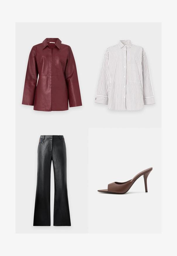 Burgundská kožená bunda s dlouhým rukávem, límcem a předním zipem, střih na míru a hladká textura.; Proužkovaná košile z lehké látky, svislé hnědé a bílé pruhy, límec a přední kapsa. Dlouhé rukávy s knoflíkovými manžetami.; Černé kožené rozšířené kalhoty s hladkou texturou, které mají dvě přední kapsy s černými a hnědými akcenty poblíž pasu.; Hnědé kožené otevřené lodičky na vysokém podpatku s elegantním designem, které mají široký přední pás a štíhlý jehlový podpatek.