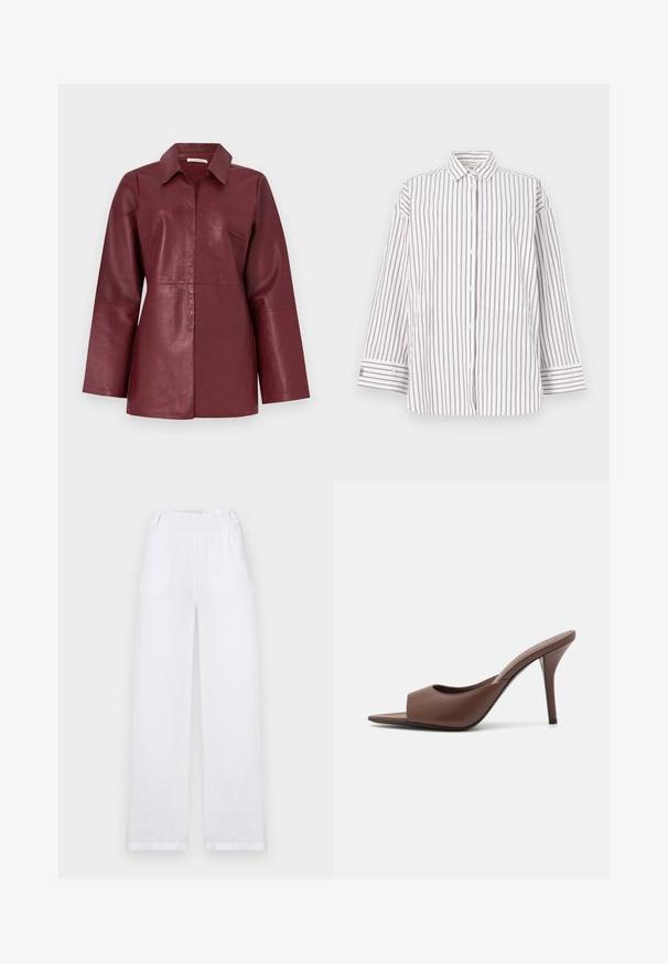 Burgundy long-sleeve leather jacket with collar and front zipper, tailored fit and smooth texture.; Striped shirt made of lightweight fabric, featuring vertical brown and white stripes, a collar, and a front pocket. Long sleeves with button cuffs.; White linen wide-leg pants featuring an elastic waistband, two side pockets, and a straight silhouette with rolled hems.; Brown leather open-toe high-heeled mules with a sleek design, featuring a wide front strap and a slender stiletto heel.