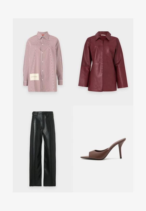 Bordeauxrode leren jas met lange mouwen, met kraag en rits aan de voorkant, getailleerde pasvorm en gladde textuur.; Gestreepte overhemdbloes in rood en wit met lange mouwen, een kraag en een patch met coördinaten op de linkeronderzijde.; Zwarte leren broek met rechte pijpen, voorzien van een knoopsluiting, lussen voor een riem en twee voorzakken. Soepele textuur met een lichte glans.; Bruine leren open-teen hoge hak muiltjes met een slank ontwerp, voorzien van een brede voorkruistrap en een slanke stiletto hiel.