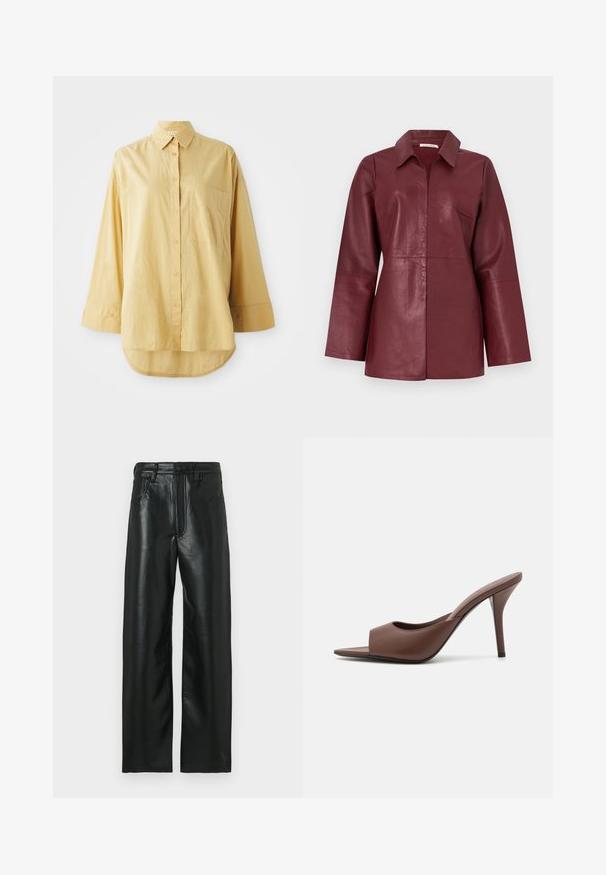 Veste en cuir bordeaux à manches longues avec col et fermeture éclair à l'avant, coupe ajustée et texture lisse.; Chemise jaune à boutons, avec une poche, manches longues et ourlet arrondi. Fabriquée en tissu léger et texturé. Dotée de boutons oranges.; Pantalon en cuir noir à coupe droite, avec une fermeture par bouton, des passants pour ceinture et deux poches avant. Texture lisse avec un léger éclat.; Mules à talons hauts ouverts en cuir marron avec un design épuré, dotés d'une large sangle avant et d'un talon aiguille élancé.