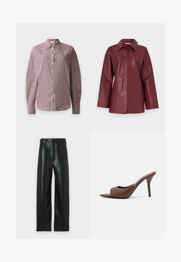 Burgundy long-sleeve leather jacket with collar and front zipper, tailored fit and smooth texture.; Long-sleeved button-up shirt featuring a maroon and white vertical striped pattern, with a classic collar and cuffed sleeves.; Black leather pants with a straight cut, featuring a button closure, belt loops, and two front pockets. Smooth texture with a slight sheen.; Brown leather open-toe high-heeled mules with a sleek design, featuring a wide front strap and a slender stiletto heel.