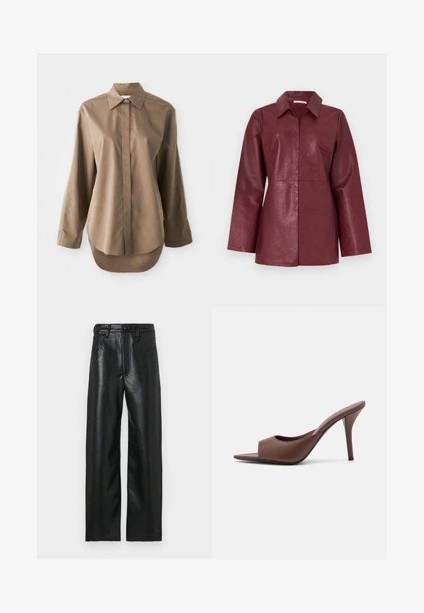 Ognjeno rjava usnjena jakna z dolgimi rokavi, ovratnikom in sprednjo zadrgo, prilagojene kroja in gladke teksture.; Rjava dolgo rokavica srajca iz gladkega materiala, z ostrim ovratnikom, sprednjim zapenjanjem na gumbe in zaobljenim robom na hrbtu.; Črne usnjene hlače z ravnim krojem, z zadrgo z gumbom, zankami za pas in dvema sprednjima žepoma. Gladek finiš z rahlim sijajem.; Rjave usnjene mule z odprtim prstom in visokim peto, s športnim dizajnom, ki vključuje širok sprednji trak in tanek stiletto peto.