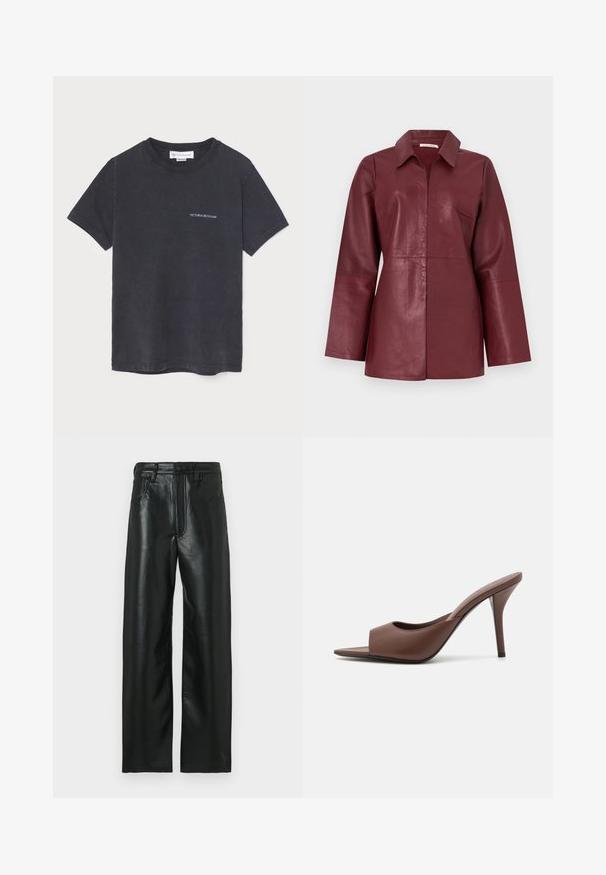 Bordeauxfarvet langærmet læderjakke med krave og lynlås foran, skræddersyet pasform og glat tekstur.; Sort bomulds T-shirt med korte ærmer, rund halsudskæring og subtil "Victoria Beckham" tekst i lys blå på venstre front. Blød tekstur.; Stribet skjorte lavet af letvævet stof med lodrette brune og hvide striber, krave og en lomme foran. Lange ærmer med knapmanchetter.; Sorte læderbukser med lige ben, der har en knaplukning, bæltestropper og to forlommer. Glat tekstur med let glans.; Brune læder open-toe højhælede mules med et slankt design, der har en bred frontrem og en slank stiletto-hæl.