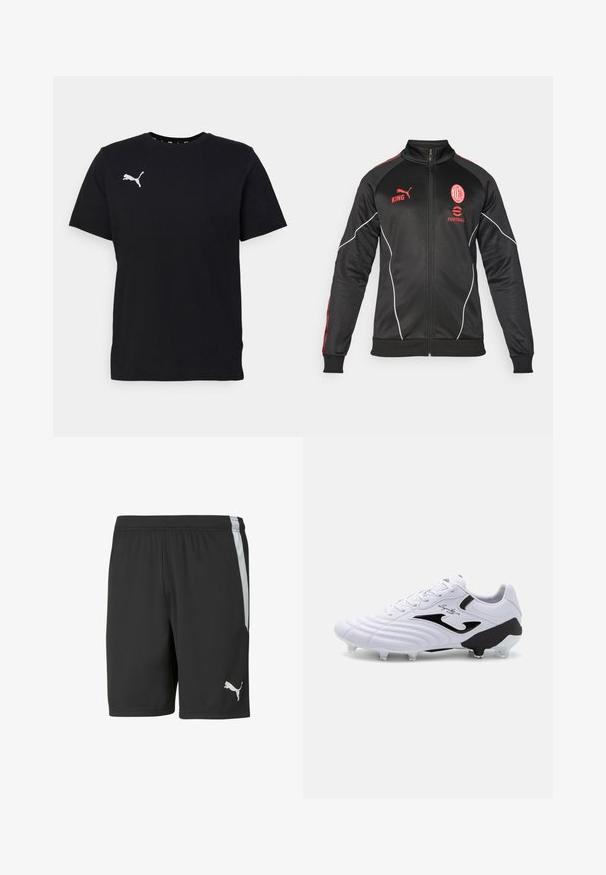 Černá sportovní bunda s červenými detaily, zapínání na zip, vysoký límec, logo Puma a týmový erb. Obsahuje texturovanou látku a bílé lemování.; Černé bavlněné tričko s krátkým rukávem, na levé hrudi s bílým logem Puma. Klasický kulatý výstřih a hladká textura.; Černé sportovní šortky vyrobené z lehkého materiálu, s bílým bočním pruhem a bílým logem Puma na dolním levém předním díle.; Bílé fotbalové kopačky s texturovaným syntetickým svrškem, černými akcenty, zavazováním na tkaničky a šesti průhlednými špičkami na černé podešvi pro lepší trakci.