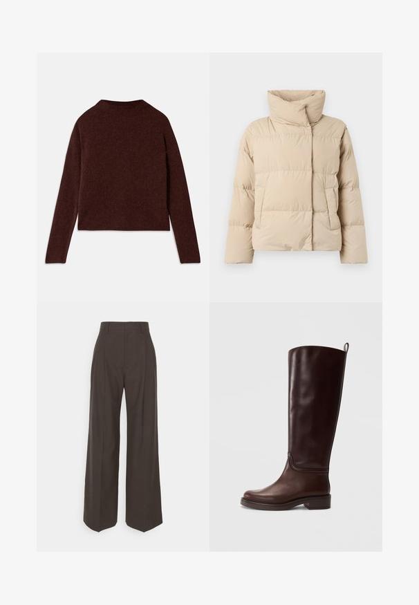 Casaco puffer bege com colarinho alto, padrão acolchoado, dois bolsos laterais e um ajuste ligeiramente oversize. Textura lisa e mate.; Suéter longo de mangas, cor bordô, feito de um tecido macio e texturizado. Apresenta um decote alto e um corte descontraído com uma bainha reta.; Calças largas castanhas escuras com cintura alta, apresentando pregas bem vincadas, textura suave e um corte ajustado.; Bota alta em couro castanho com um acabamento liso, bico redondo, salto bloco baixo e detalhes de costura simples ao longo do cano.