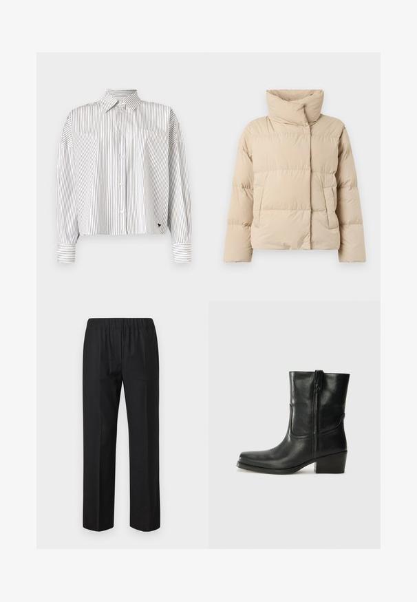 Bež jakna od pufastog materijala s visokim ovratnikom, kvadratičastim uzorkom, dva bočna džepa i lagano oversized krojem. Glatka, mat tekstura.; Bijela košulja s tamnoplavim vertikalnim prugama, s kopčanjem sprijeda, ovratnikom, dugim rukavima i džepom na prsima. Mekani materijal s oblikovanim krojem.; Crne hlače s elastičnim pojasom, ravnog kroja i bez vidljivih džepova. Glatka tkanina s mat finishem.; Crne kožne čizme do članaka s okruglim vrhom, blok potpeticom, bočnim patentnim zatvaračem i detaljima od šavova na gornjem dijelu. Glatka tekstura, klasičan dizajn.
