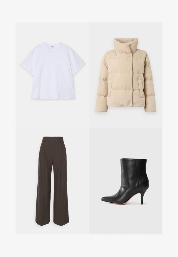 Casaco puffer bege com colarinho alto, padrão acolchoado, dois bolsos laterais e um ajuste ligeiramente oversize. Textura lisa e mate.; Camiseta branca de manga curta feita de algodão. Apresenta um colarinho redondo, corte descontraído e uma textura suave. Design simples sem padrões ou detalhes.; Calças largas castanhas escuras com cintura alta, apresentando pregas bem vincadas, textura suave e um corte ajustado.; Botim de tornozelo em pele preta com biqueira pontiaguda, salto fino em stiletto e textura suave. Design minimalista sem hardware ou detalhes visíveis.