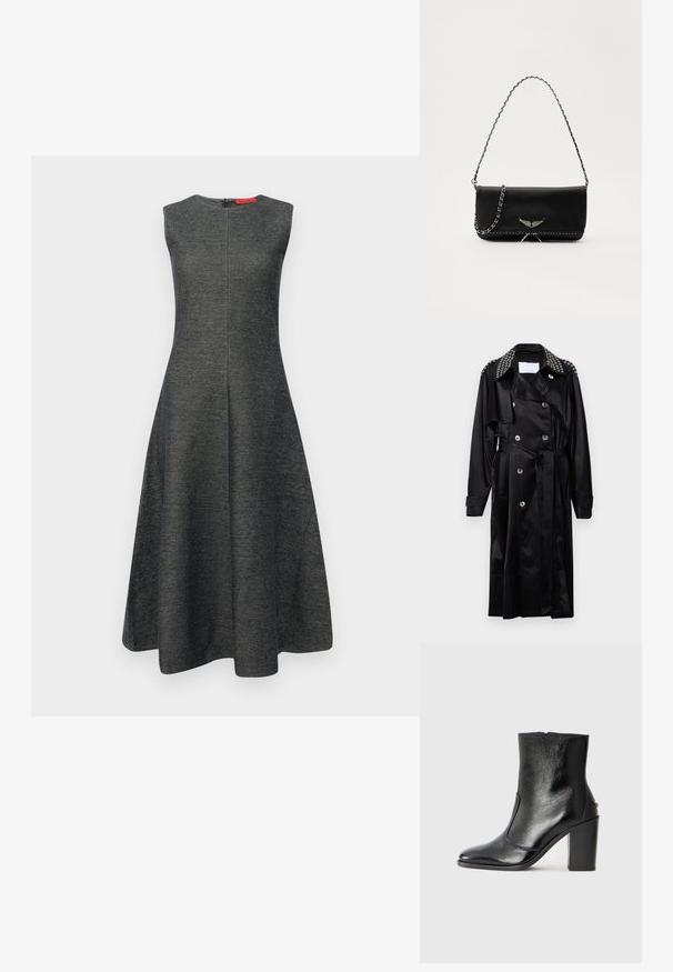 Rabanne Gabardina - black; Vestido gris sin mangas con un corte acampanado, hecho de tela texturizada. Presenta una cremallera trasera oculta y un escote suave.; Botín negro de cuero con textura suave, puntera puntiaguda y un tacón alto y robusto. Presenta una apertura lateral y un diseño minimalista.; Bolso de mano de cuero negro con una correa de cadena plateada, que presenta acentos decorativos en forma de alas y costuras blancas a lo largo de la costura inferior.